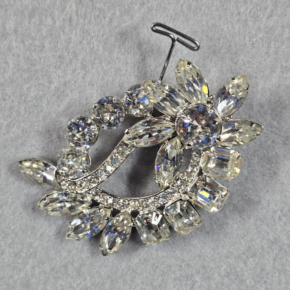 Vintage Eisenberg Rhinestone Brooch Silver Tone Floral Wreath Signed Mid Century
